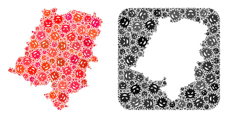 Pandemic virus map of Opole Province collage designed with rounded square and subtracted shape. Vector map of Opole Province collage of virus ojects in various sizes and shades.