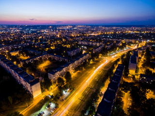 Fototapeta na wymiar evening aerial view to street with cars, Kharkiv, Ukraine