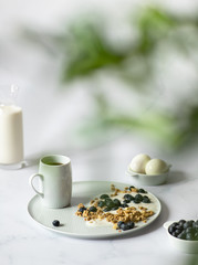 Concept of a minimalistic healthy breakfast made from yogurt, granola, blueberries, milk, tea and boiled eggs. Light background, copy space