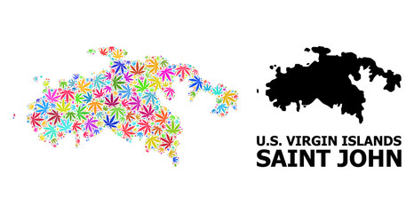 Vector Collage Map of Saint John Island of Psychedelic Hemp Leaves and Solid Map