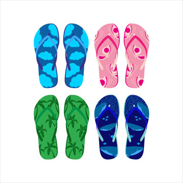 Vector set with stylish and colorful summer flip flops