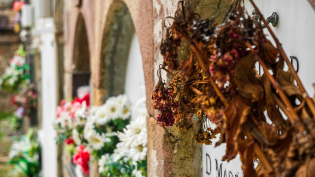 Flores secas en las lapidas de un cementerio, olvidadas por sus seres queridos, flores de pl&aacute;stico