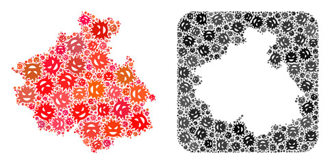 Infection virus map of Altai Republic mosaic created with rounded square and stencil. Vector map of Altai Republic mosaic of evil virus parts in different sizes and shades.