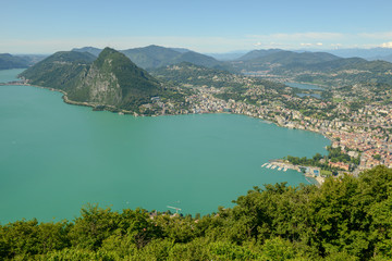 Fototapeta na wymiar Panorama of the Bay of Lugano from Mount Bre