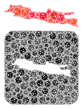 Pandemic virus map of Java Island mosaic designed with rounded square and subtracted space. Vector map of Java Island mosaic of virus ojects in different sizes and color hues.