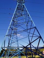 power lines grid from bottom to top at close range on blue background