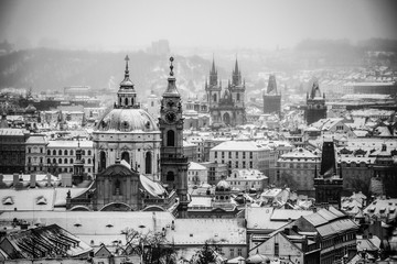 Old town towers under snow in winter
