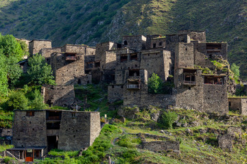 Fototapeta na wymiar Old Fortress in mountain village Shatili, ruins of medieval castle
