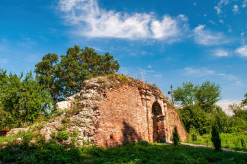 Fototapeta na wymiar Medieval gate and remnants of the wall of Mariiampil Castle, Ivano-Frankivsk region, Ukraine