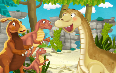 Obraz premium cartoon scene with dinosaur apatosaurus diplodocus with some other dinosaur in the jungle - illustration for children