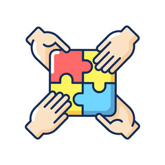 Teamwork building RGB color icon. Teamwork skills development, togetherness. Team building exercise, collaborative problem solving. Isolated vector illustration