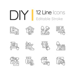 Fototapeta premium DIY linear icons set. 3D building model. House renovation. Electrical project. Professional service. Customizable thin line contour symbols. Isolated vector outline illustrations. Editable stroke