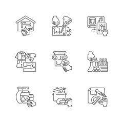 Handicraft linear icons set. Home renovation. Electrical project. Music production. Fashion industry. Customizable thin line contour symbols. Isolated vector outline illustrations. Editable stroke