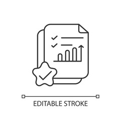 Accounting document linear icon. Positive review. Report on growing financial chart. Thin line customizable illustration. Contour symbol. Vector isolated outline drawing. Editable stroke