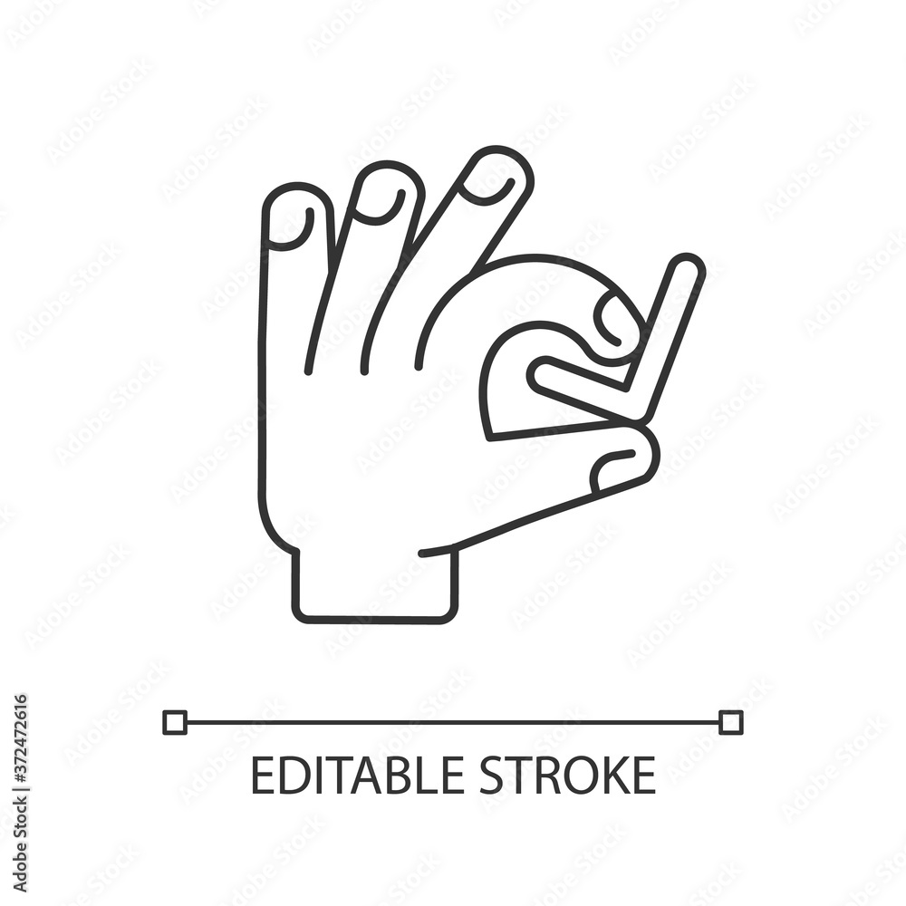 Poster Hand with checkmark linear icon. Select option. Quality rating. Customer approval. Right answer. Thin line customizable illustration. Contour symbol. Vector isolated outline drawing. Editable stroke