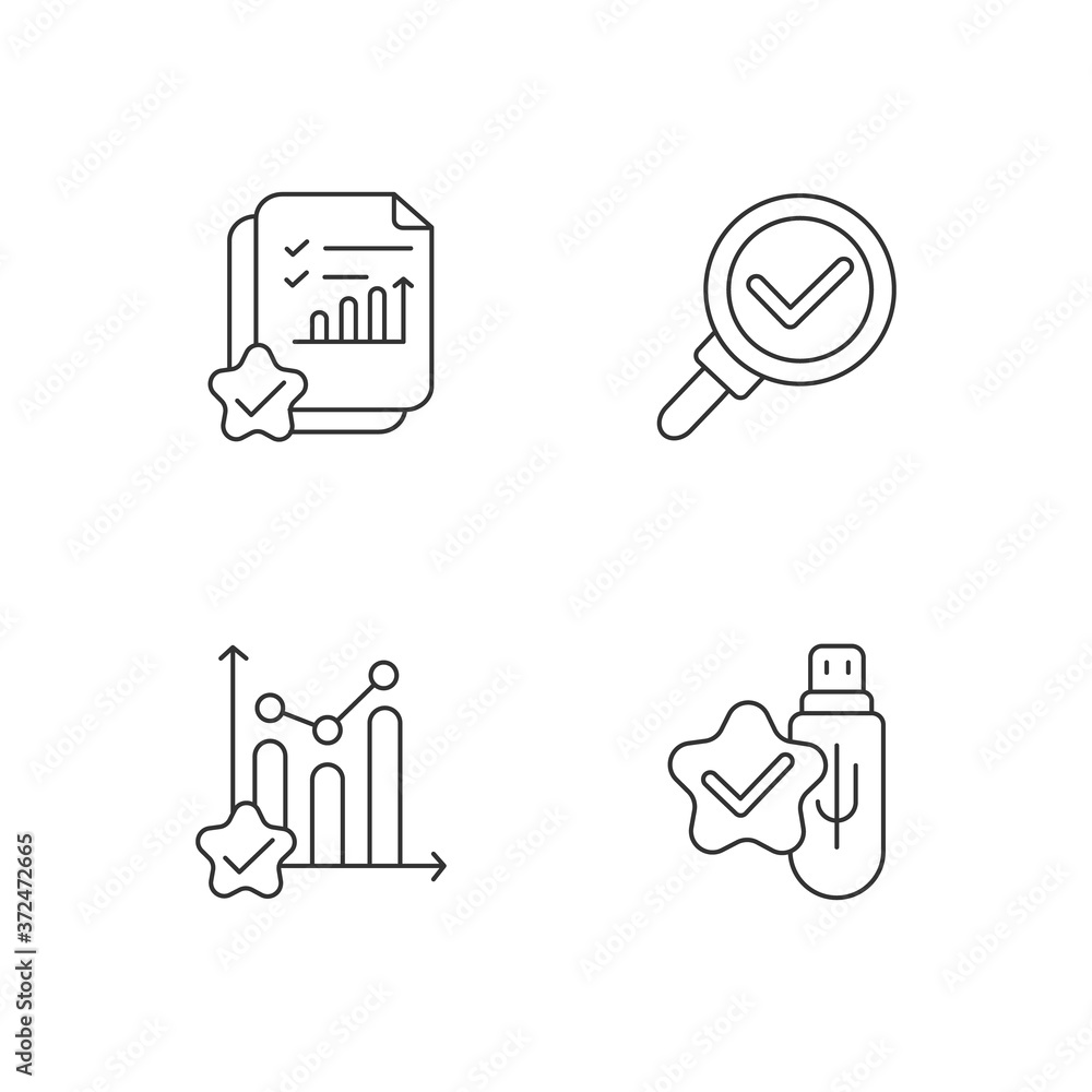 Poster data research chemarks linear icons set. information confirmation in accounting document. customizab