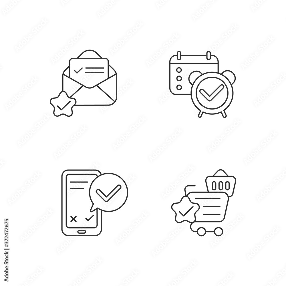 Poster service quality marks linear icons set. reminder and organizer notification. email check. customizab