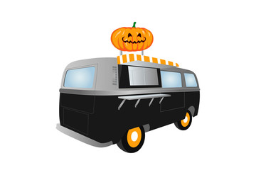 Classic Halloween van modified into a shop decorated with white, pink, beautiful, isolated on white background.