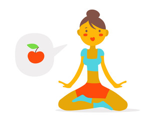 Vector illustration of a beautiful fitness girl with speech bubble and apple on white background. Girl is sitting in a meditation pose.