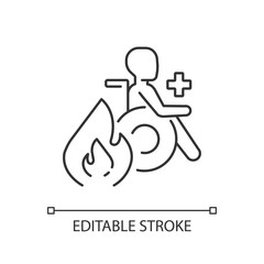 Burn center linear icon. Burn unit. Patient with burns treatment and recovery. Medical healthcare. Thin line customizable illustration. Contour symbol. Vector isolated outline drawing. Editable stroke