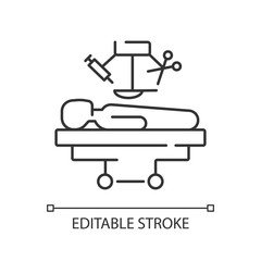 Surgery linear icon. Medical operation. Surgical procedure. Body injuries treatment. Medical care. Thin line customizable illustration. Contour symbol. Vector isolated outline drawing. Editable stroke