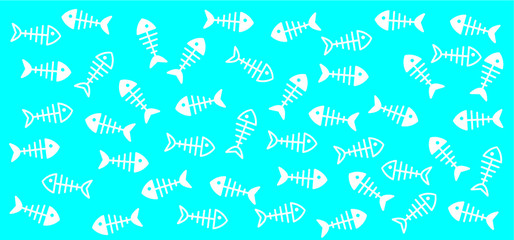 Fish bone seamless pattern Vector icon Vector skeleton sign. Sea fish. Blue silhouette fishbones print