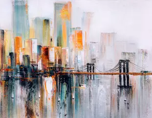 Papier Peint photo Lavable Peinture d aquarelle gratte-ciel Oil Painting - Brooklyn Bridge, New York