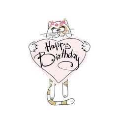 Happy birthday, flat vector in doodle style, cute white cat with flowers on his head holding a heart with lettering congratulations. Hand-drawn illustration.