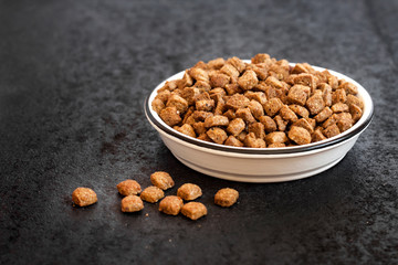 Dry pet food in a white ceramic bowl on black background with copy space