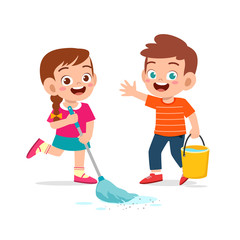 happy cute little kid boy and girl do chores cleaning floor