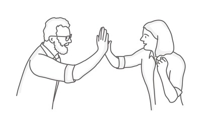 Man and woman clapping each other hands. Business winners. Line drawing vector illustration.