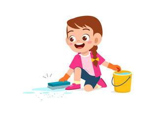 happy cute little kid boy and girl do chores cleaning floor