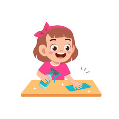 happy cute little kid boy and girl do chores cleaning table