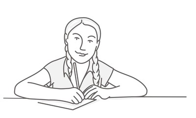 Fototapeta na wymiar Young girl with two pigtails sits at the table. Line drawing vector illustration.