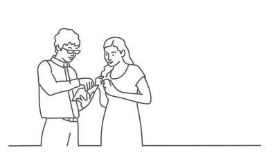 Young man in glasses and woman are discussing work. Line drawing vector illustration.