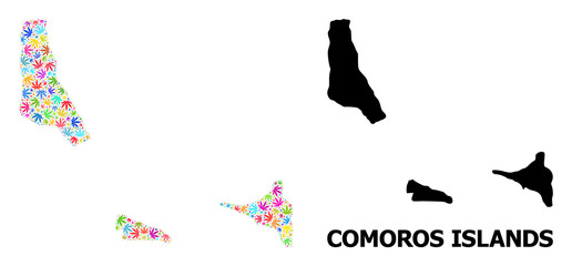 Vector Mosaic Map of Comoros Islands of Colored Marijuana Leaves and Solid Map