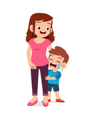 Fototapeta premium sad little kid boy and girl cry loud with parent mom and dad