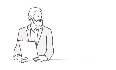 Man with a beard holding a blank while sitting at table. Line drawing vector illustration.