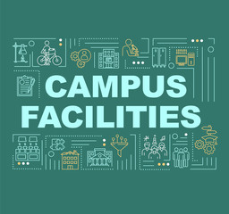 Campus word concepts banner. University infrastructure. College institute. Infographics with linear icons on green background. Isolated typography. Vector outline RGB color illustration