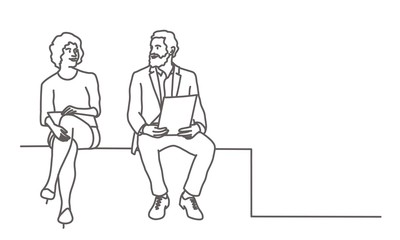 Man and woman sitting on a cube together. Couple discussing work. Line drawing vector illustration.