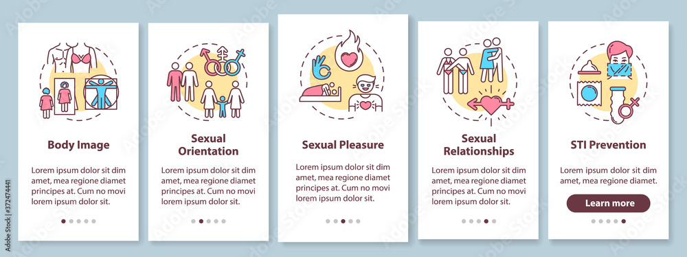 Poster sexual relationship onboarding mobile app page screen with concepts. intimate intercourse. sex educa