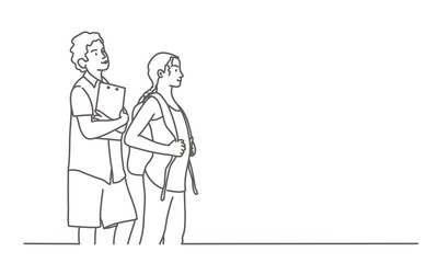 Two teenagers stand behind each other. Line drawing vector illustration.
