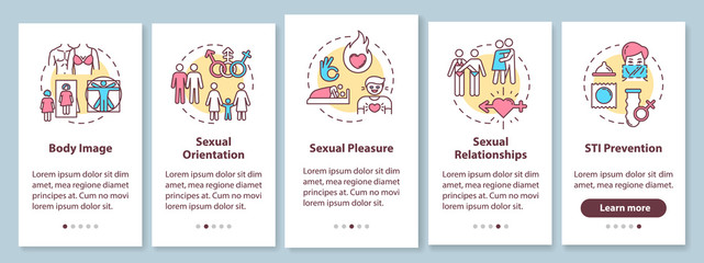 Sexual relationship onboarding mobile app page screen with concepts. Intimate intercourse. Sex education walkthrough 5 steps graphic instructions. UI vector template with RGB color illustrations