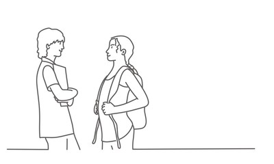 Two teenagers look at each other. Line drawing vector illustration.
