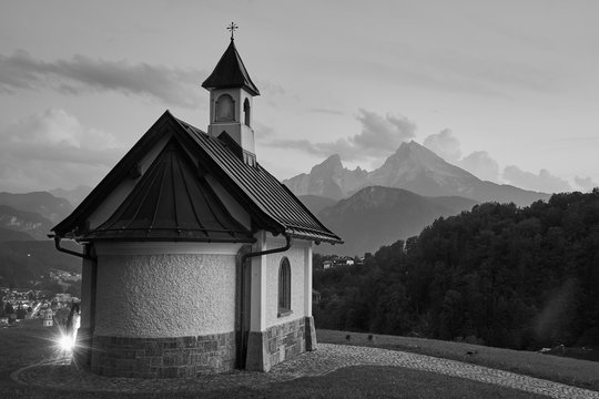 Kirchleitn chapel with mountain landscape in Berchtesgaden, Bavaria, Germany.