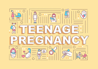 Teenage pregnancy word concepts banner. Risky sexual behaviour, early pregnancy. Infographics with linear icons on yellow background. Isolated typography. Vector outline RGB color illustration