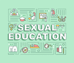 Sexual education word concepts banner. Instruction and guidance on human sexuality. Infographics with linear icons on green background. Isolated typography. Vector outline RGB color illustration