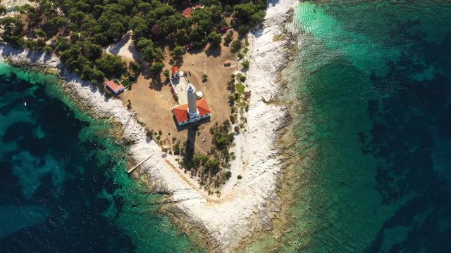 Amazing Croatia, spectacular Adriatic coastline, lighthouse of Veli Rat on the island of Dugi Otok during sunrise, drone footage