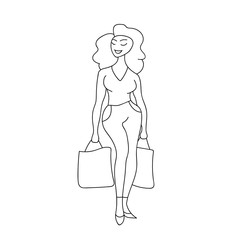 The woman does purchases. Girl and shopping on site. Black and white illustration