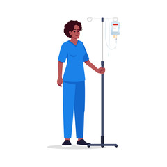 Nurse semi flat RGB color vector illustration. Hospital staff. Female medical worker. Young african american doctor with intravenous pole isolated cartoon character on white background